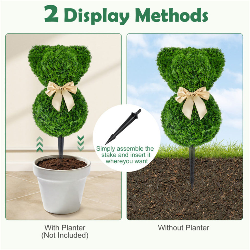 AEELLEEA 24in 2 Pack Artificial Bear Topiary Trees, Faux Greenery with Bow, Outdoor Yard & Porch Decor