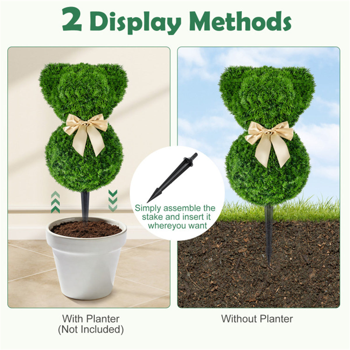 AEELLEEA 24in 2 Pack Artificial Bear Topiary Trees, Faux Greenery with Bow, Outdoor Yard & Porch Decor