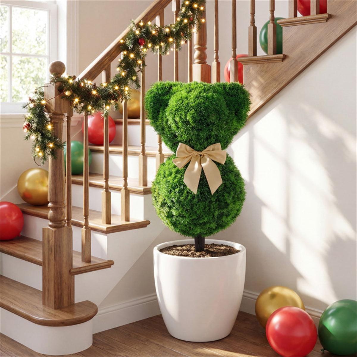 AEELLEEA 24in 2 Pack Artificial Bear Topiary Trees, Faux Greenery with Bow, Outdoor Yard & Porch Decor