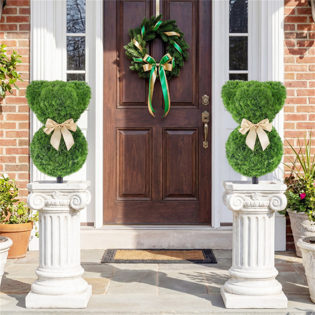 AEELLEEA 24in 2 Pack Artificial Bear Topiary Trees, Faux Greenery with Bow, Outdoor Yard & Porch Decor