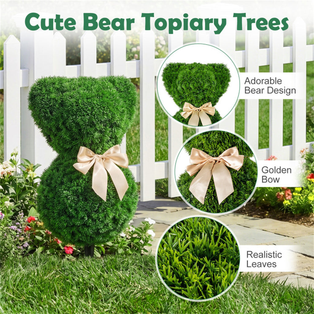 AEELLEEA 24in 2 Pack Artificial Bear Topiary Trees, Faux Greenery with Bow, Outdoor Yard & Porch Decor