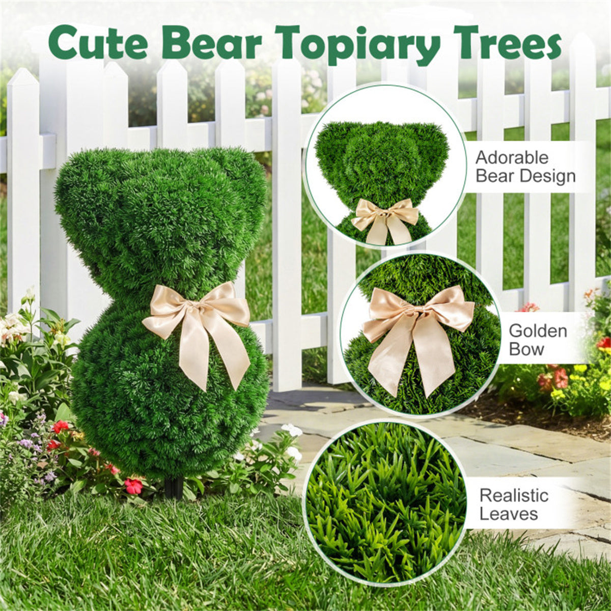 AEELLEEA 24in 2 Pack Artificial Bear Topiary Trees, Faux Greenery with Bow, Outdoor Yard & Porch Decor
