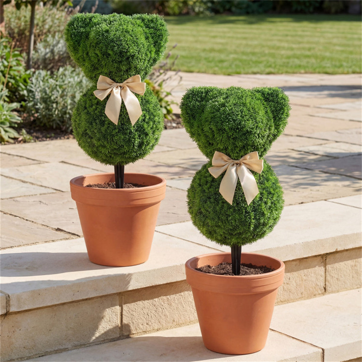 AEELLEEA 24in 2 Pack Artificial Bear Topiary Trees, Faux Greenery with Bow, Outdoor Yard & Porch Decor