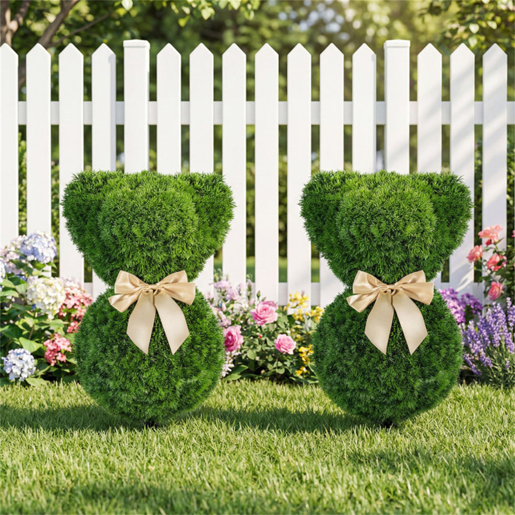 AEELLEEA 24in 2 Pack Artificial Bear Topiary Trees, Faux Greenery with Bow, Outdoor Yard & Porch Decor