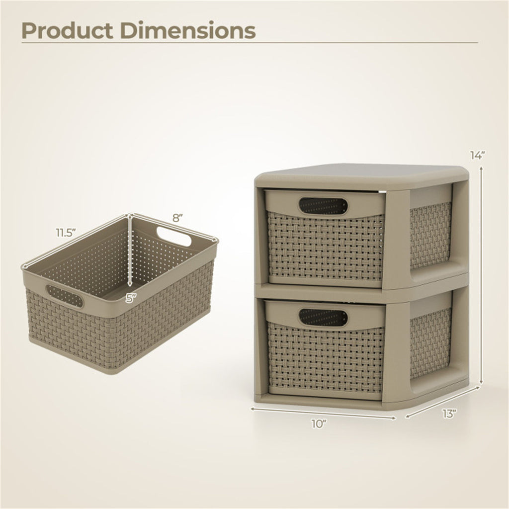 2-Drawer Plastic Storage Cabinet, Rattan Texture Stackable Organizer with Pull-out Baskets, No Tool Assembly for Bedroom Bathroom Living Room