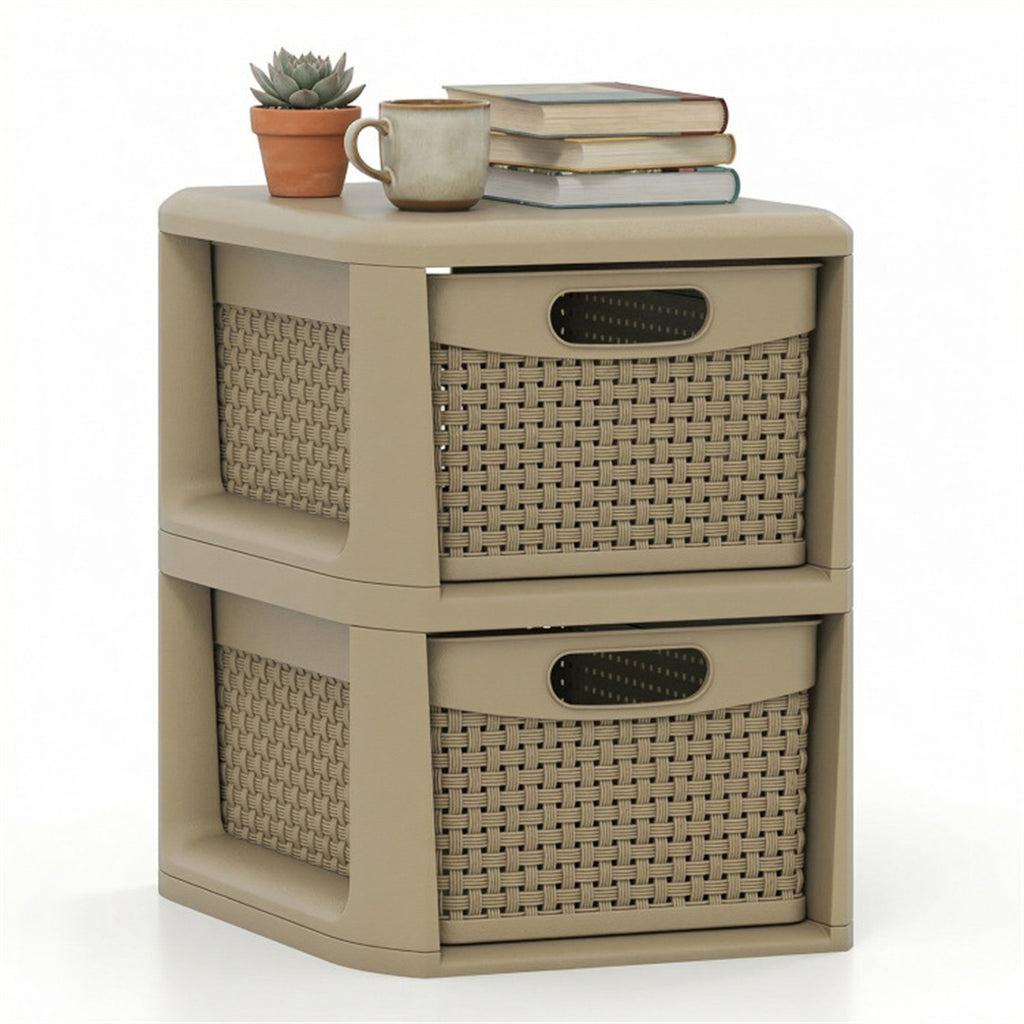 2-Drawer Plastic Storage Cabinet, Rattan Texture Stackable Organizer with Pull-out Baskets, No Tool Assembly for Bedroom Bathroom Living Room