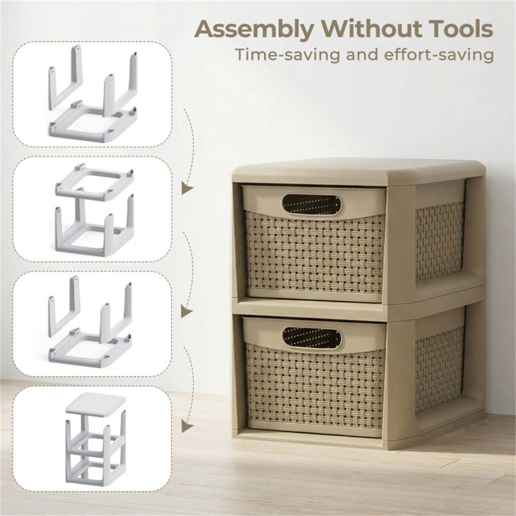 2-Drawer Plastic Storage Cabinet, Rattan Texture Stackable Organizer with Pull-out Baskets, No Tool Assembly for Bedroom Bathroom Living Room