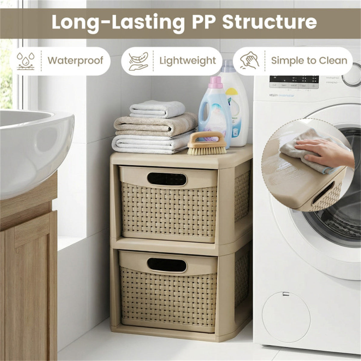 2-Drawer Plastic Storage Cabinet, Rattan Texture Stackable Organizer with Pull-out Baskets, No Tool Assembly for Bedroom Bathroom Living Room
