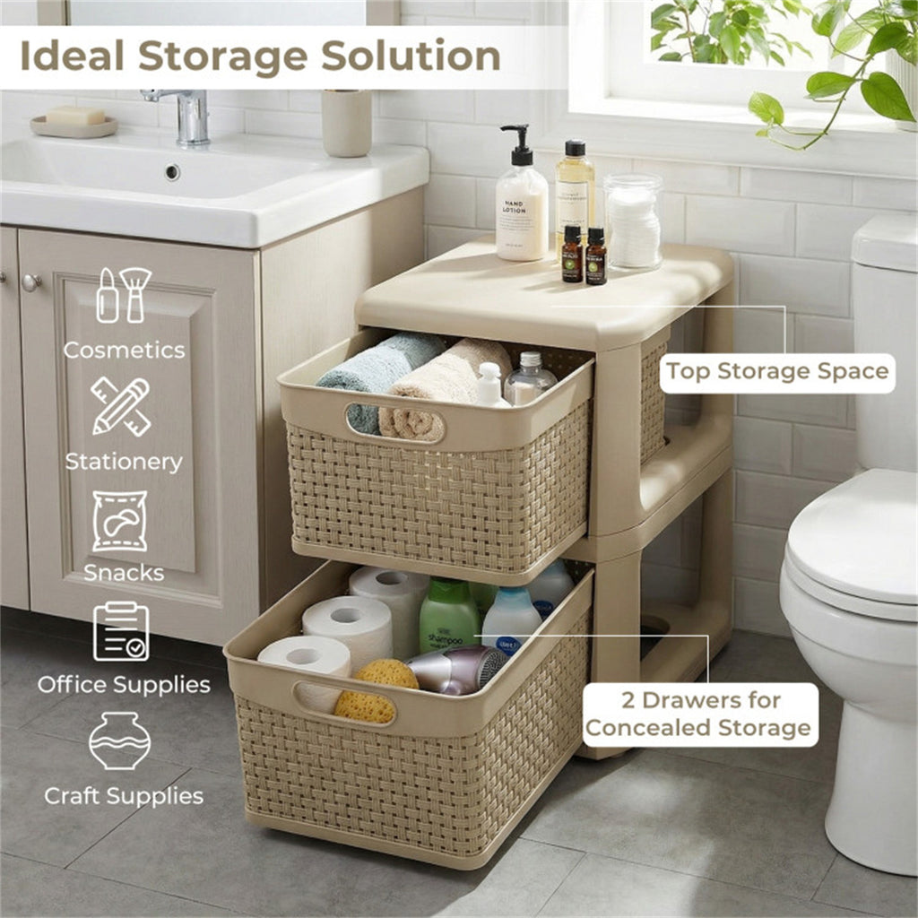 2-Drawer Plastic Storage Cabinet, Rattan Texture Stackable Organizer with Pull-out Baskets, No Tool Assembly for Bedroom Bathroom Living Room