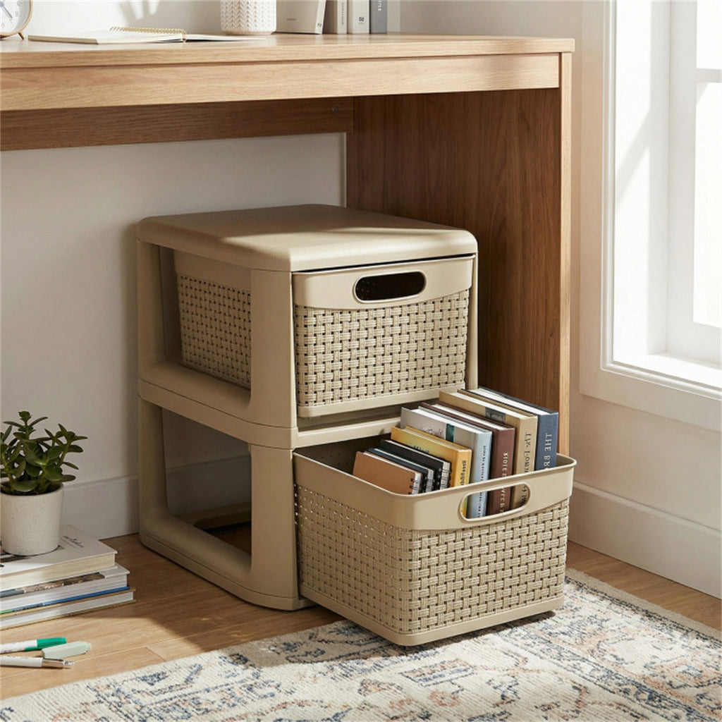 2-Drawer Plastic Storage Cabinet, Rattan Texture Stackable Organizer with Pull-out Baskets, No Tool Assembly for Bedroom Bathroom Living Room