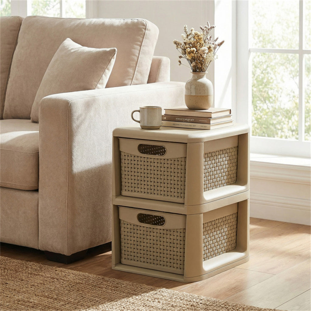 2-Drawer Plastic Storage Cabinet, Rattan Texture Stackable Organizer with Pull-out Baskets, No Tool Assembly for Bedroom Bathroom Living Room