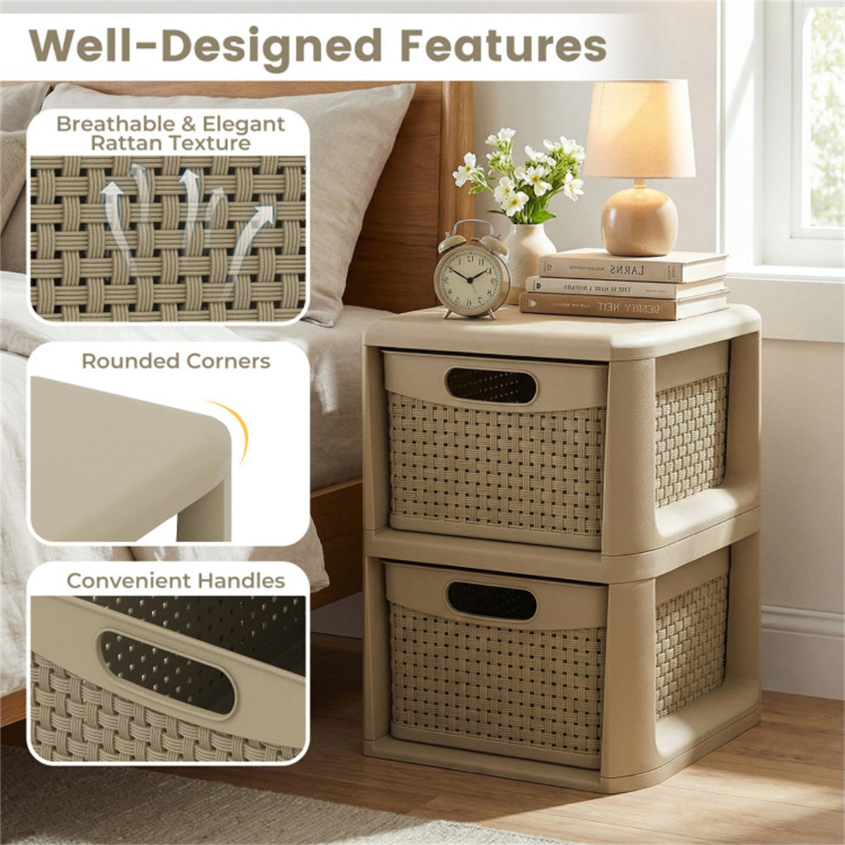 2-Drawer Plastic Storage Cabinet, Rattan Texture Stackable Organizer with Pull-out Baskets, No Tool Assembly for Bedroom Bathroom Living Room