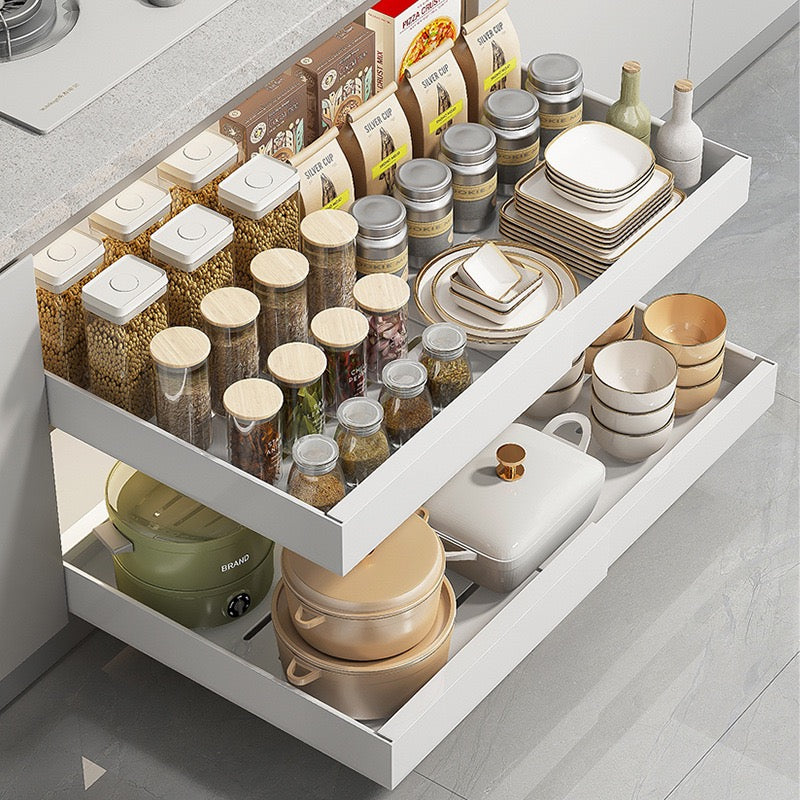 Pull Out Cabinet Organizer, No Drill Adhesive Slide Out Drawer for Kitchen Cabinets, Expandable Pantry Shelf Organizer with Adhesive or Screw Mount Installation