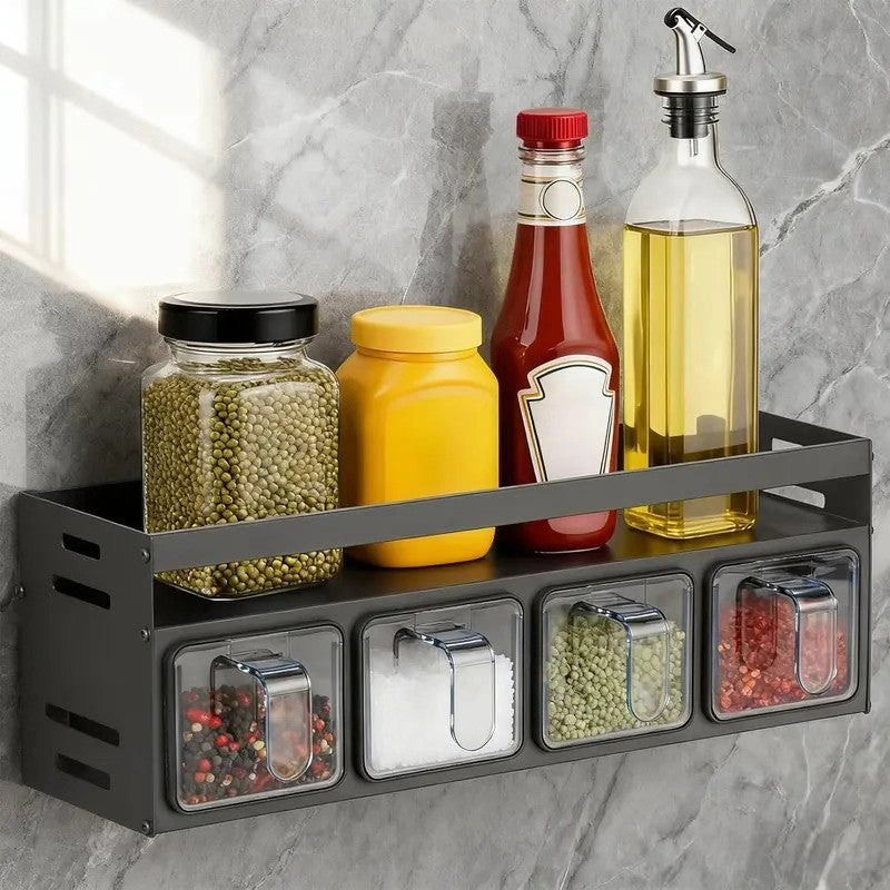 2-Tier Kitchen Spice Rack Organizer with 4 Spoons, Wall Mount or Countertop Condiment Storage Rack, 4-Grid Design, Gray