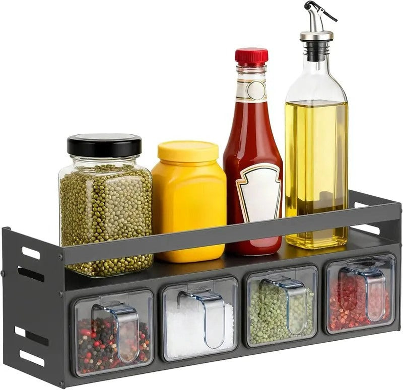 2-Tier Kitchen Spice Rack Organizer with 4 Spoons, Wall Mount or Countertop Condiment Storage Rack, 4-Grid Design, Gray