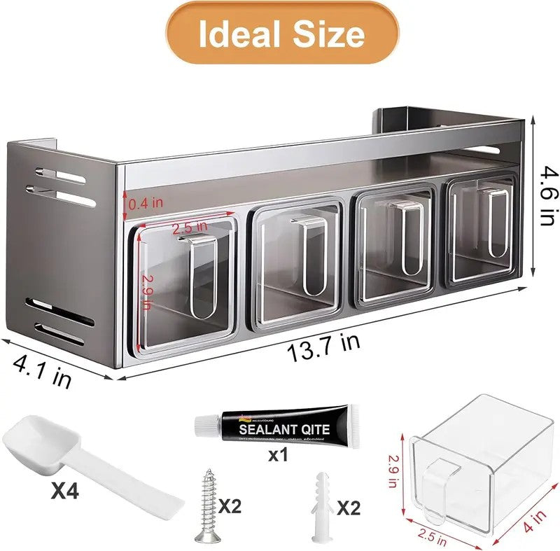 2-Tier Kitchen Spice Rack Organizer with 4 Spoons, Wall Mount or Countertop Condiment Storage Rack, 4-Grid Design, Gray