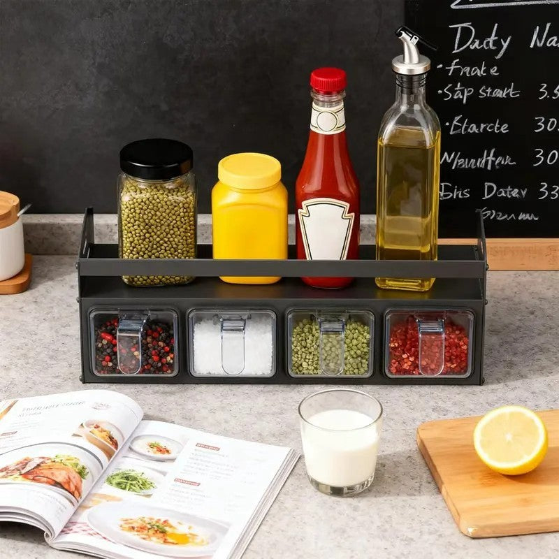 2-Tier Kitchen Spice Rack Organizer with 4 Spoons, Wall Mount or Countertop Condiment Storage Rack, 4-Grid Design, Gray
