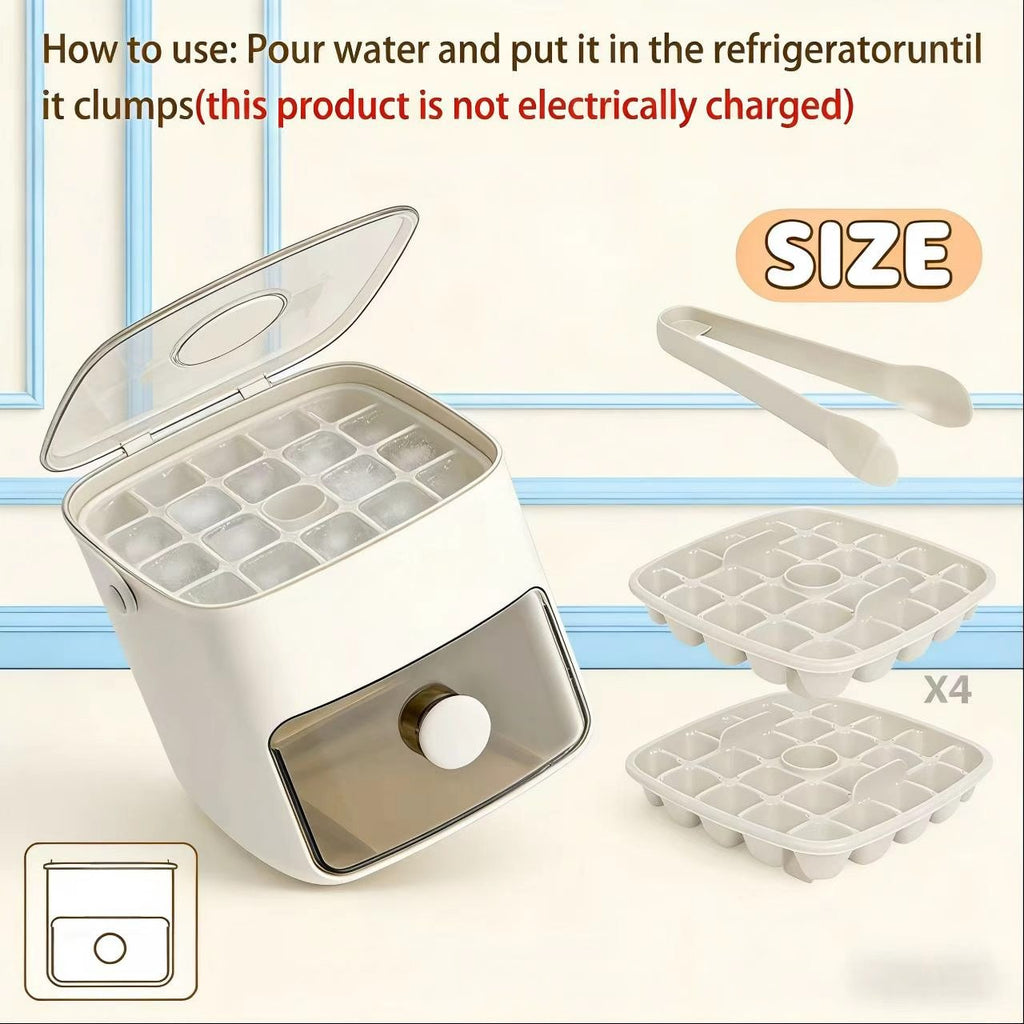Ice Cube Tray with Lid and Storage Bin, Ice Trays for Freezer, Reusable Ice Maker Mold with Ice Container and Ice Tongs, White