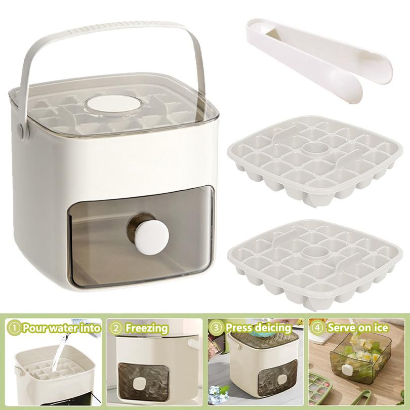 Ice Cube Tray with Lid and Storage Bin, Ice Trays for Freezer, Reusable Ice Maker Mold with Ice Container and Ice Tongs, White
