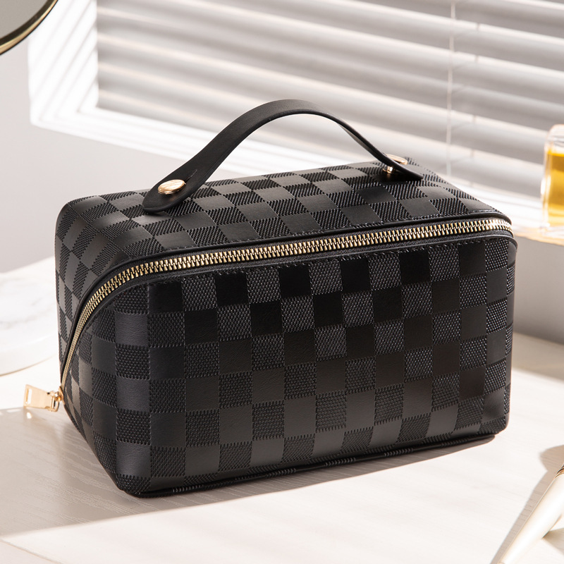 Checkered Makeup Bag, Large Capacity Cosmetic Bag with Handle, Portable Waterproof Travel Toiletry Organizer for Women