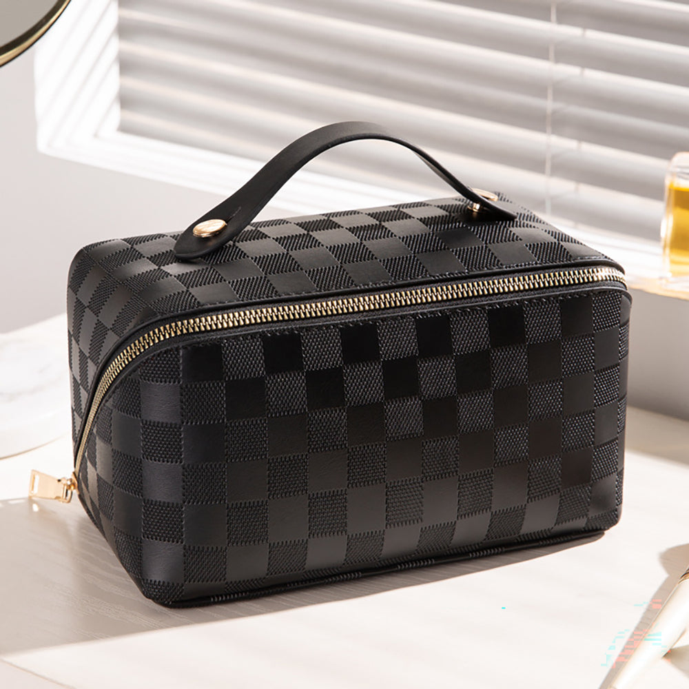 Checkered Makeup Bag, Large Capacity Cosmetic Bag with Handle, Portable Waterproof Travel Toiletry Organizer for Women