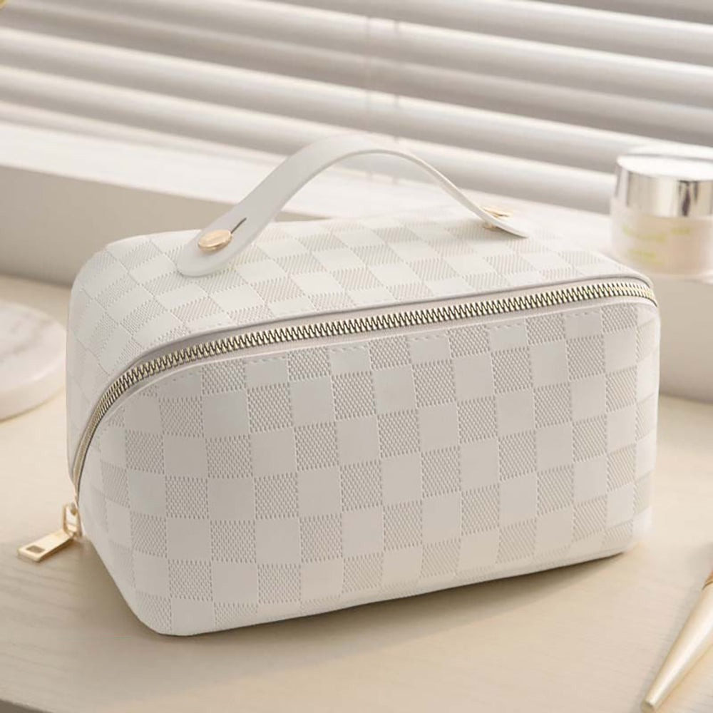Checkered Makeup Bag, Large Capacity Cosmetic Bag with Handle, Portable Waterproof Travel Toiletry Organizer for Women