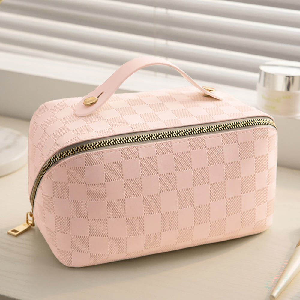 Checkered Makeup Bag, Large Capacity Cosmetic Bag with Handle, Portable Waterproof Travel Toiletry Organizer for Women
