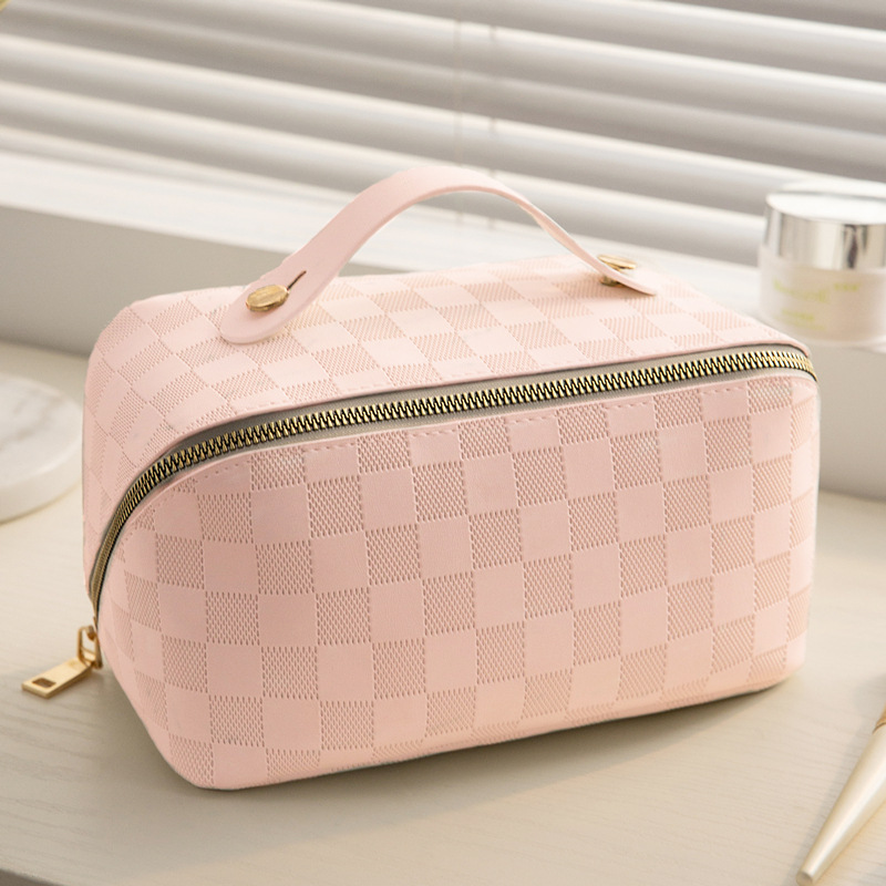 Checkered Makeup Bag, Large Capacity Cosmetic Bag with Handle, Portable Waterproof Travel Toiletry Organizer for Women