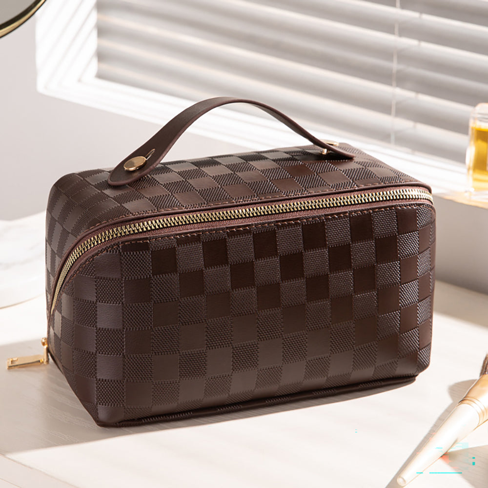 Checkered Makeup Bag, Large Capacity Cosmetic Bag with Handle, Portable Waterproof Travel Toiletry Organizer for Women