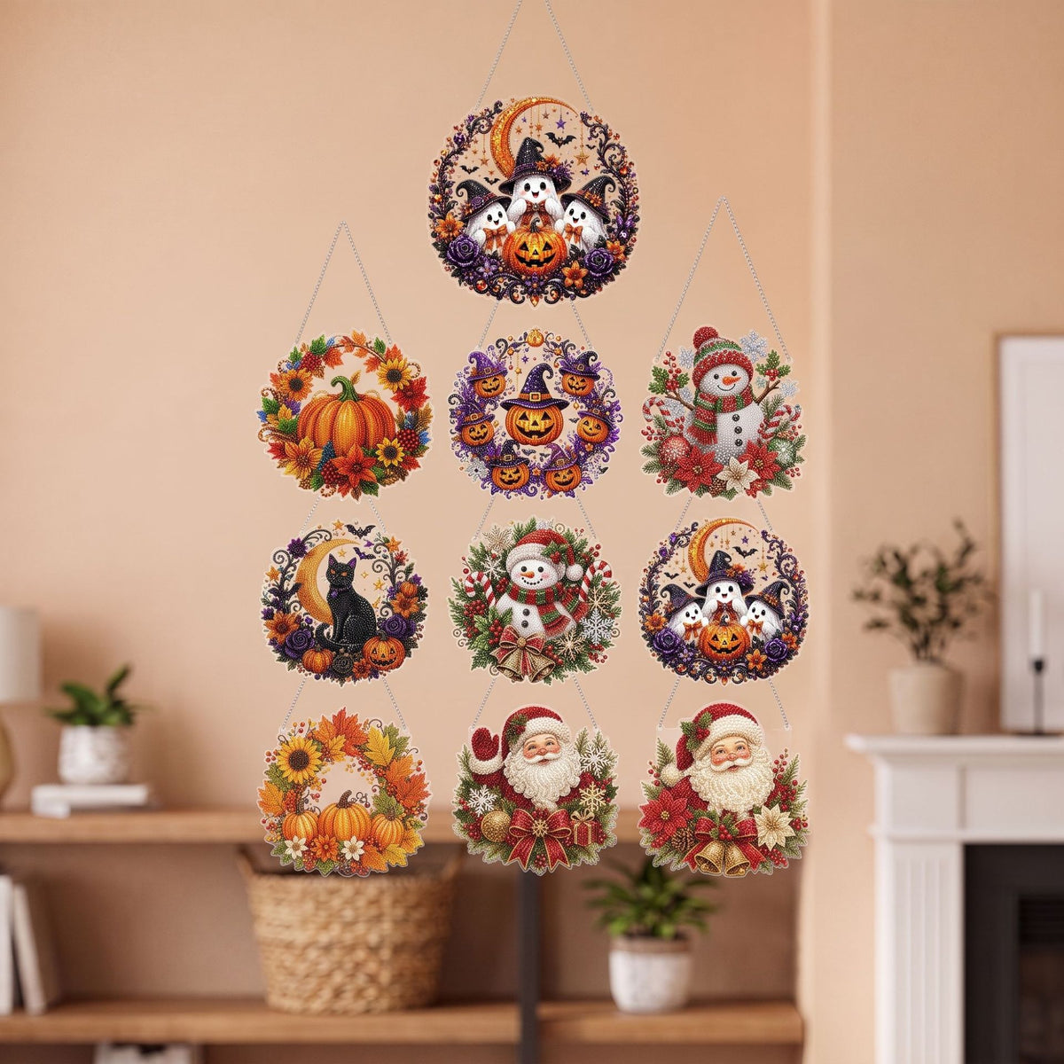 Halloween Diamond Art Hanging Kit, Pumpkin & Ghost 8in DIY Beaded Window Door Ornament