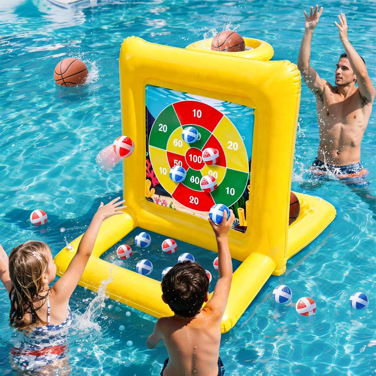 2-in-1 Pool Basketball Hoop & Dart Target, Pool Toys Games for Kids & Adults, Family Pool Party Games with Multiple Balls