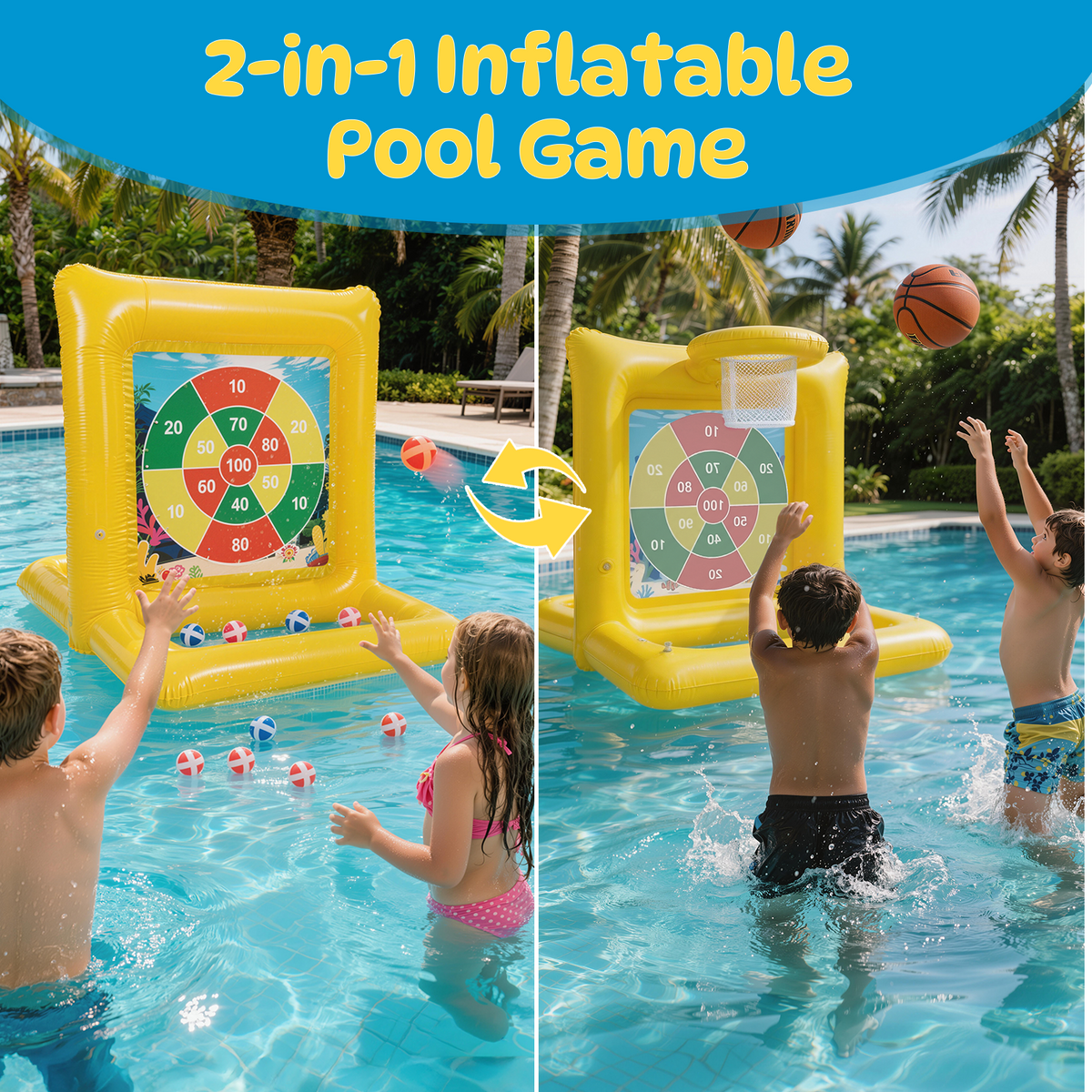 2-in-1 Pool Basketball Hoop & Dart Target, Pool Toys Games for Kids & Adults, Family Pool Party Games with Multiple Balls