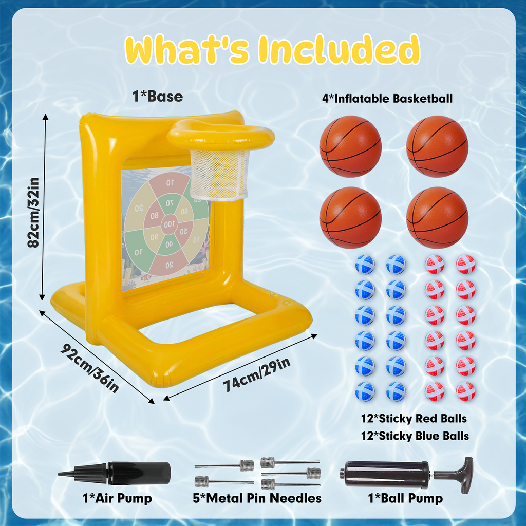 2-in-1 Pool Basketball Hoop & Dart Target, Pool Toys Games for Kids & Adults, Family Pool Party Games with Multiple Balls