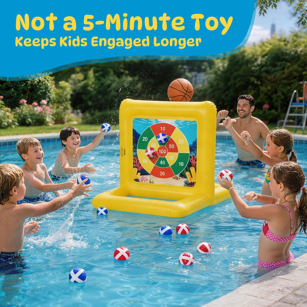 2-in-1 Pool Basketball Hoop & Dart Target, Pool Toys Games for Kids & Adults, Family Pool Party Games with Multiple Balls
