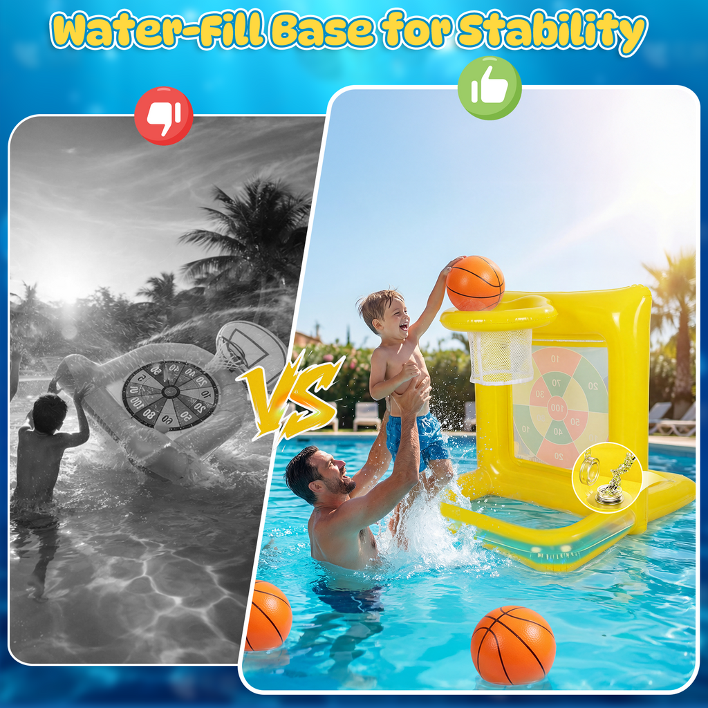 2-in-1 Pool Basketball Hoop & Dart Target, Pool Toys Games for Kids & Adults, Family Pool Party Games with Multiple Balls