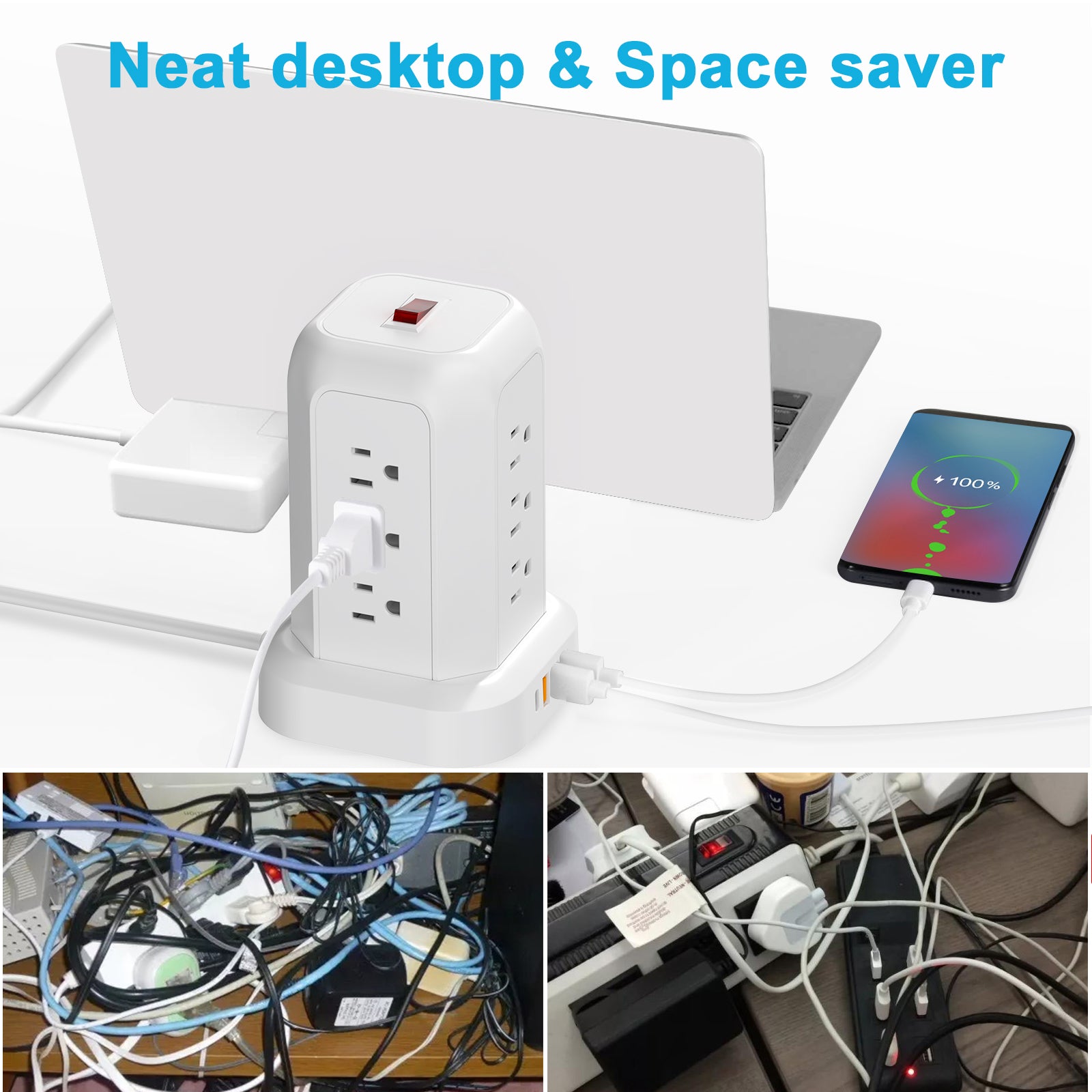 Power Strip Tower Surge Protector,16‑in‑1,12 AC Outlets,4 USB Ports(1 USB‑C),5.1FT Heavy‑Duty Cord,Overload Protection for Home Office