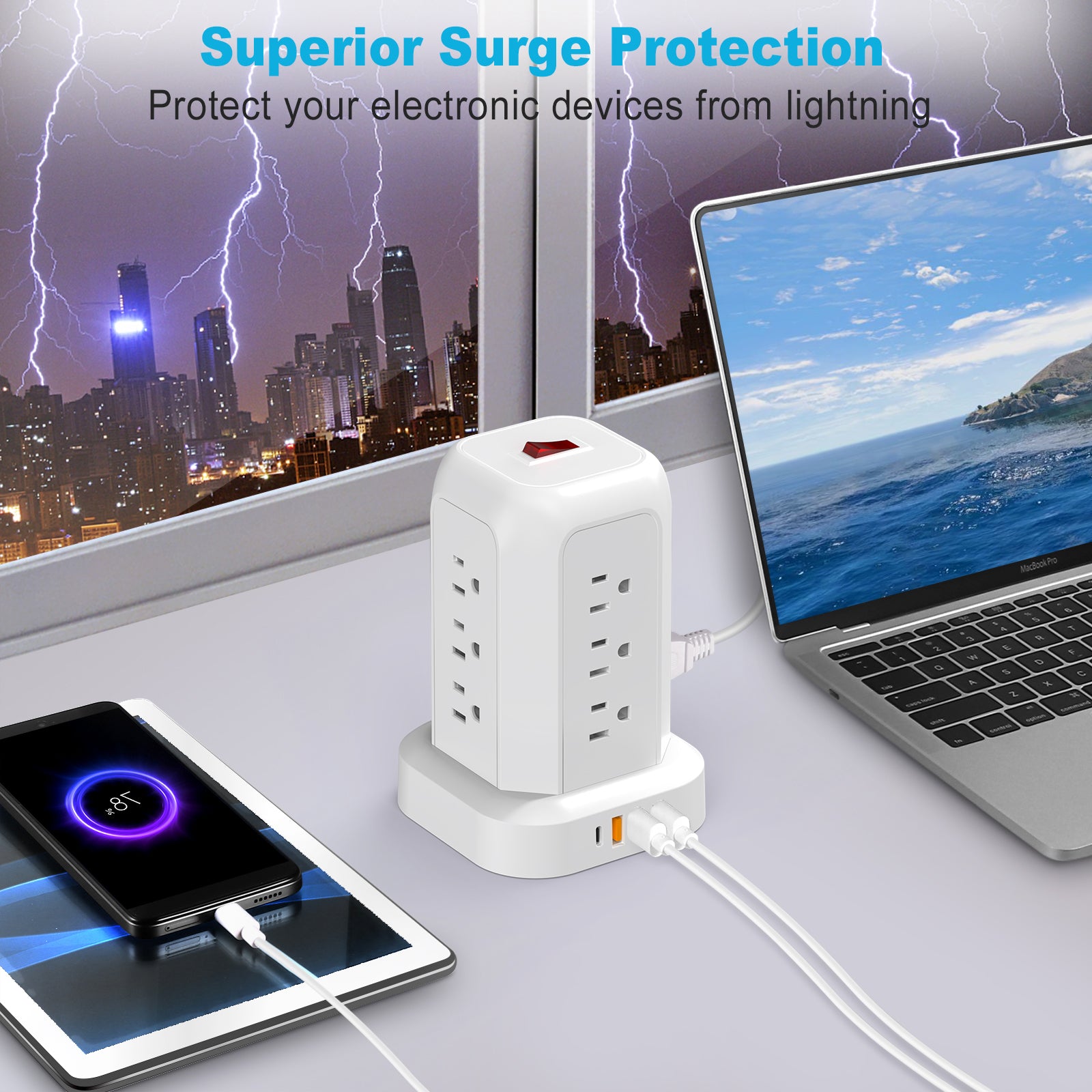Power Strip Tower Surge Protector,16‑in‑1,12 AC Outlets,4 USB Ports(1 USB‑C),5.1FT Heavy‑Duty Cord,Overload Protection for Home Office