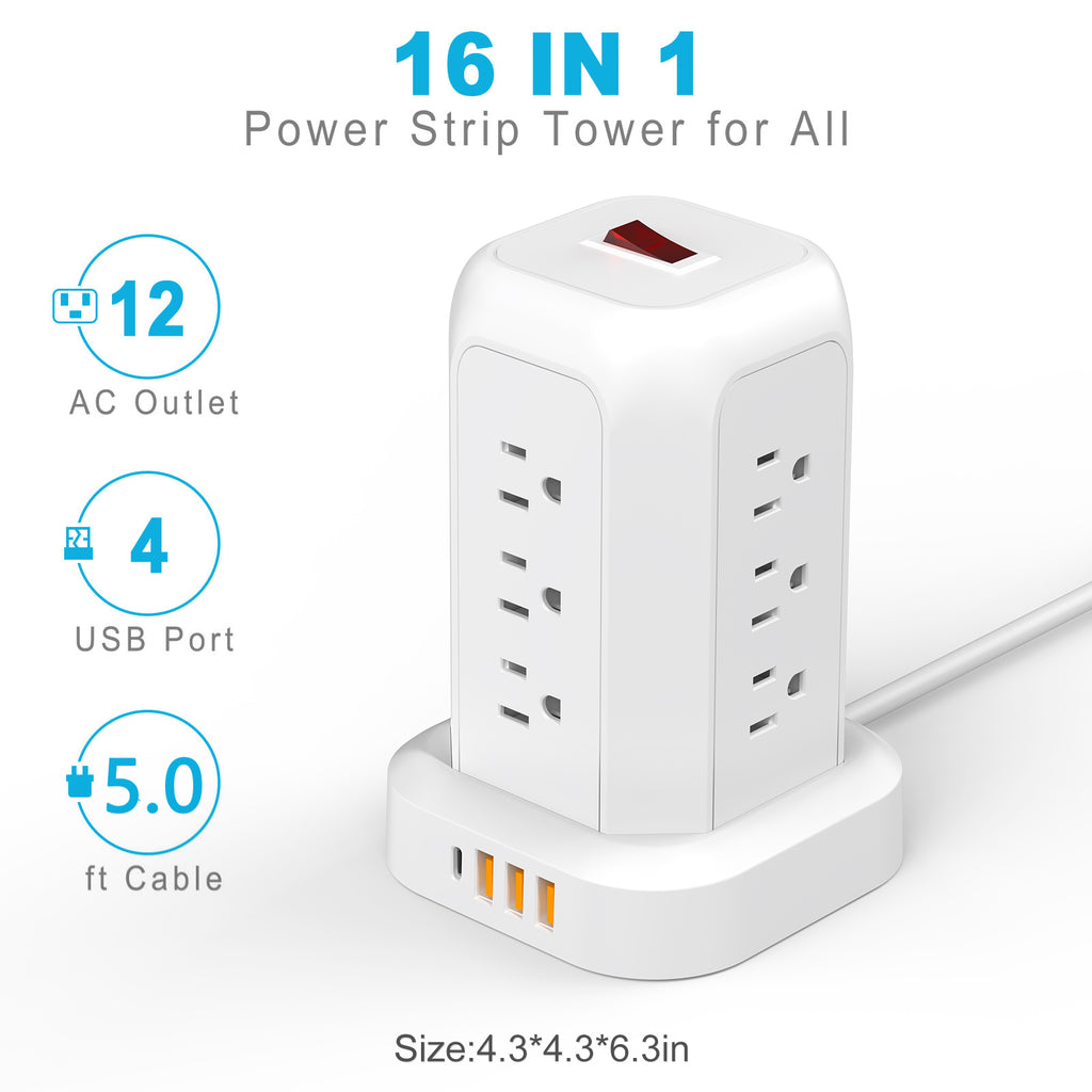 Power Strip Tower Surge Protector,16‑in‑1,12 AC Outlets,4 USB Ports(1 USB‑C),5.1FT Heavy‑Duty Cord,Overload Protection for Home Office