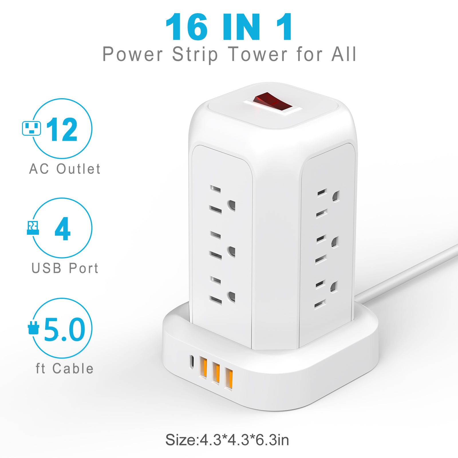 Power Strip Tower Surge Protector,16‑in‑1,12 AC Outlets,4 USB Ports(1 USB‑C),5.1FT Heavy‑Duty Cord,Overload Protection for Home Office
