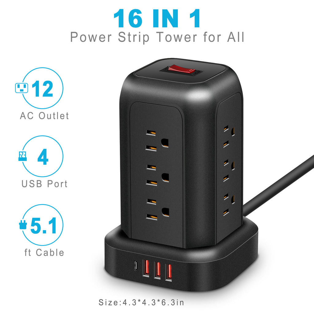 Power Strip Tower Surge Protector,16‑in‑1,12 AC Outlets,4 USB Ports(1 USB‑C),5.1FT Heavy‑Duty Cord,Overload Protection for Home Office