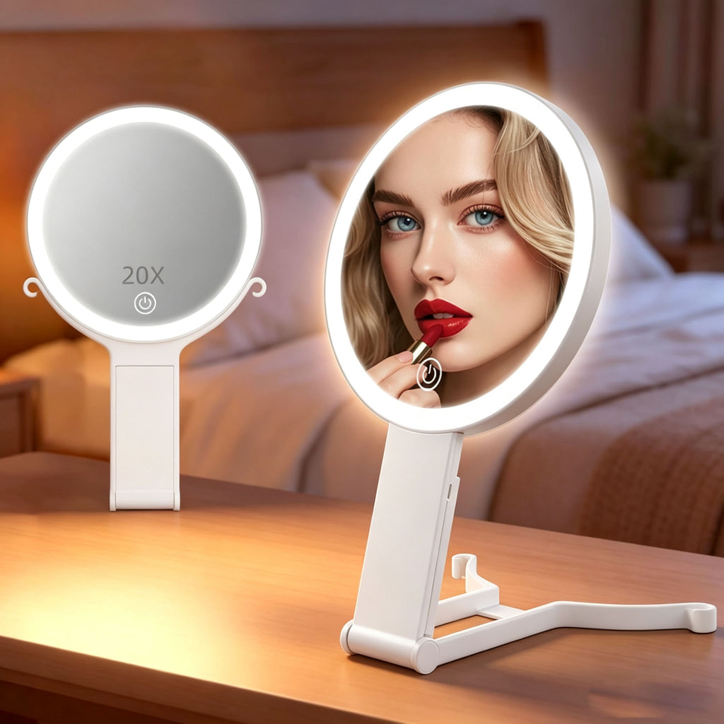 Lighted Travel Makeup Mirror, 1X/20X Double Sided Magnifying Mirror, 3 Color Dimmable, Foldable, Handheld & Tabletop