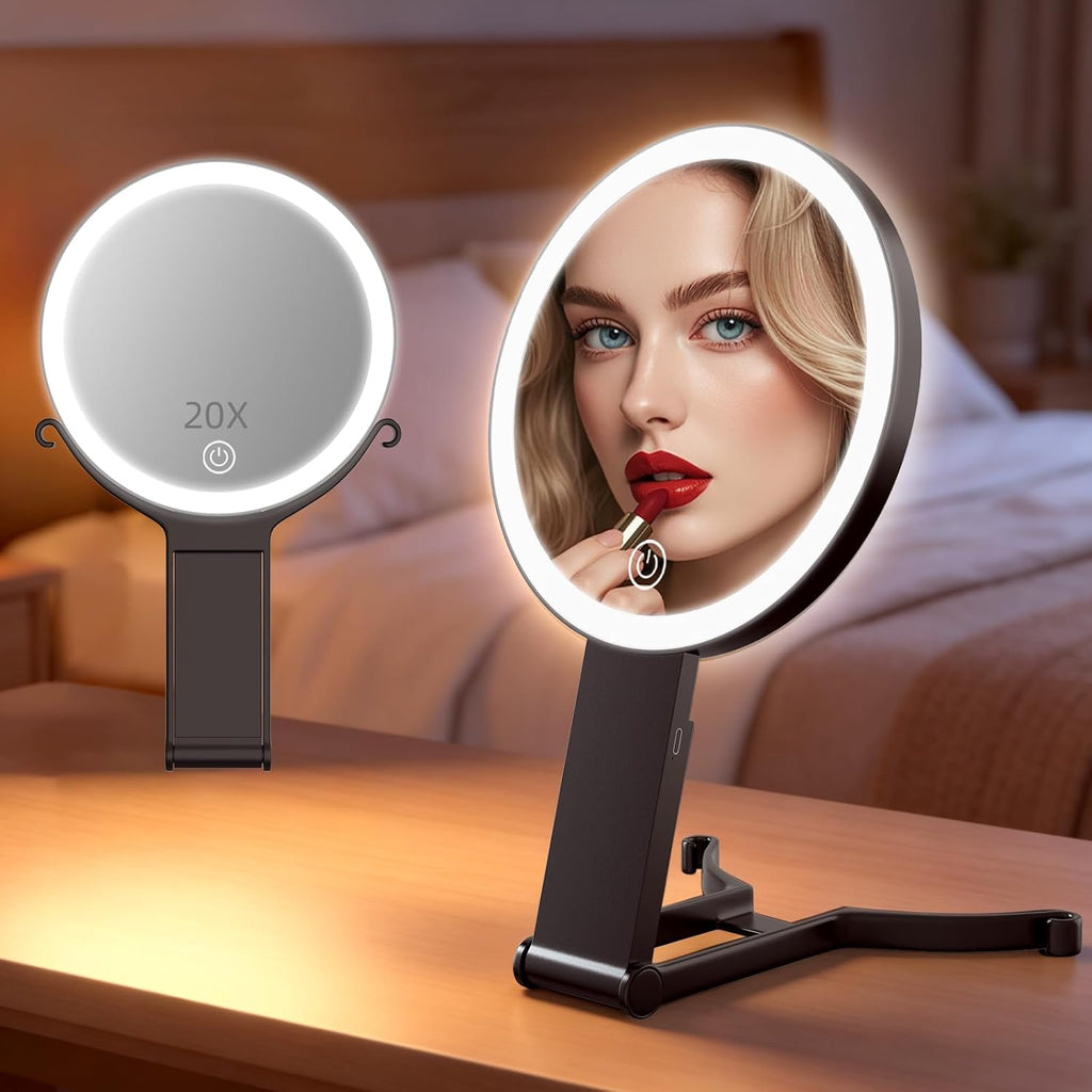 Lighted Travel Makeup Mirror, 1X/20X Double Sided Magnifying Mirror, 3 Color Dimmable, Foldable, Handheld & Tabletop