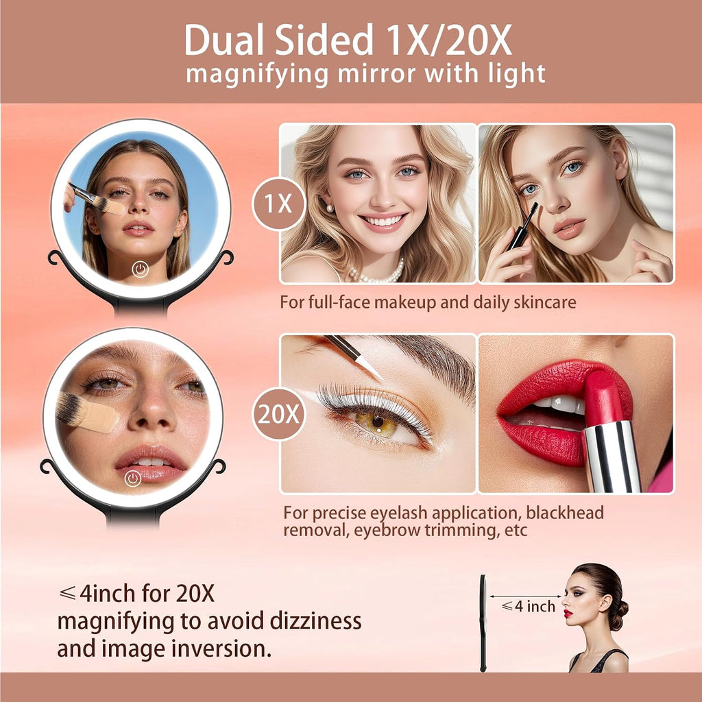 Lighted Travel Makeup Mirror, 1X/20X Double Sided Magnifying Mirror, 3 Color Dimmable, Foldable, Handheld & Tabletop