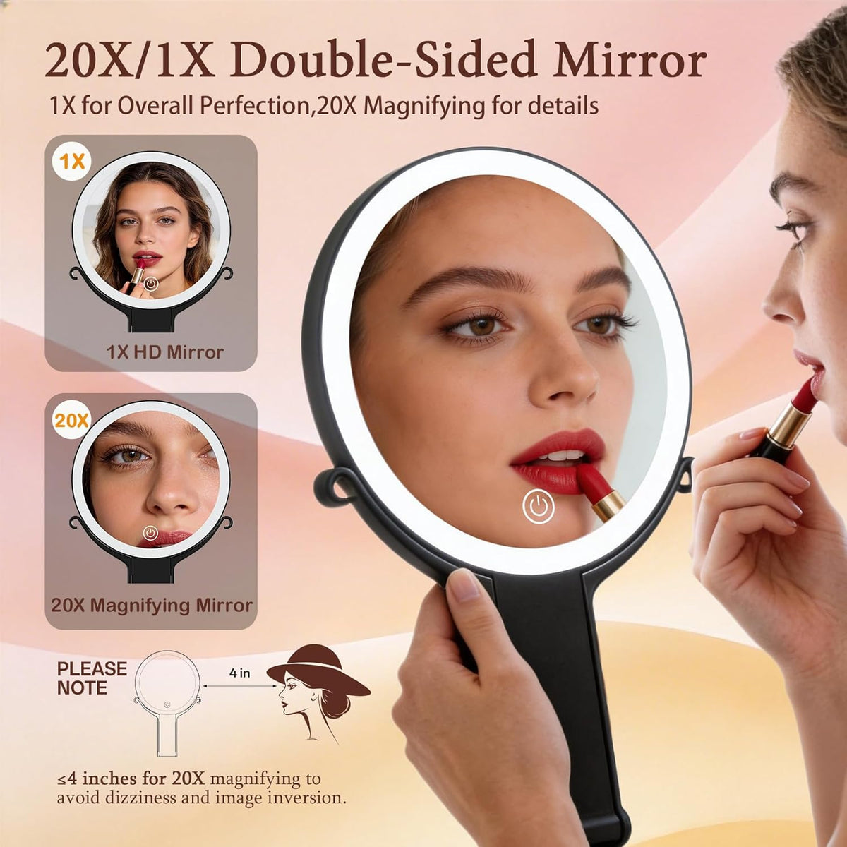 Lighted Travel Makeup Mirror, 1X/20X Double Sided Magnifying Mirror, 3 Color Dimmable, Foldable, Handheld & Tabletop