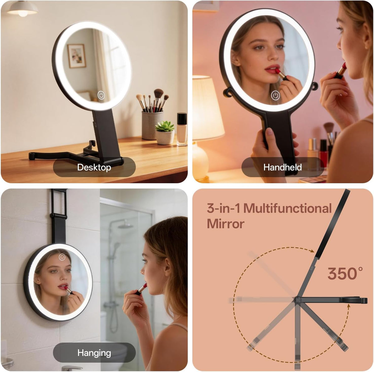 Lighted Travel Makeup Mirror, 1X/20X Double Sided Magnifying Mirror, 3 Color Dimmable, Foldable, Handheld & Tabletop