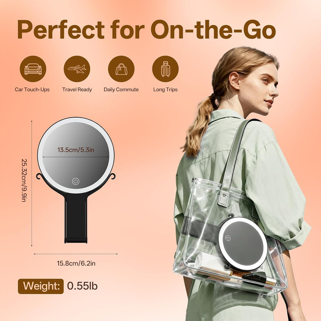 Lighted Travel Makeup Mirror, 1X/20X Double Sided Magnifying Mirror, 3 Color Dimmable, Foldable, Handheld & Tabletop