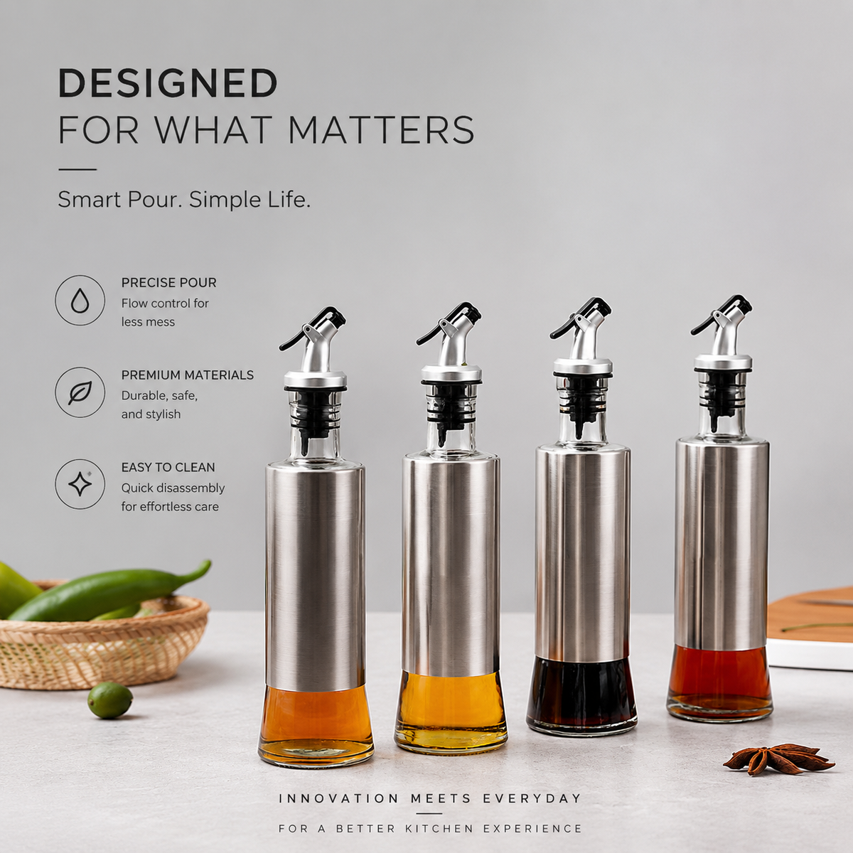300ml Glass Oil Dispenser Bottle with Stainless Steel Sleeve, Precision Pour Spout for Olive Oil, Vinegar & Soy Sauce