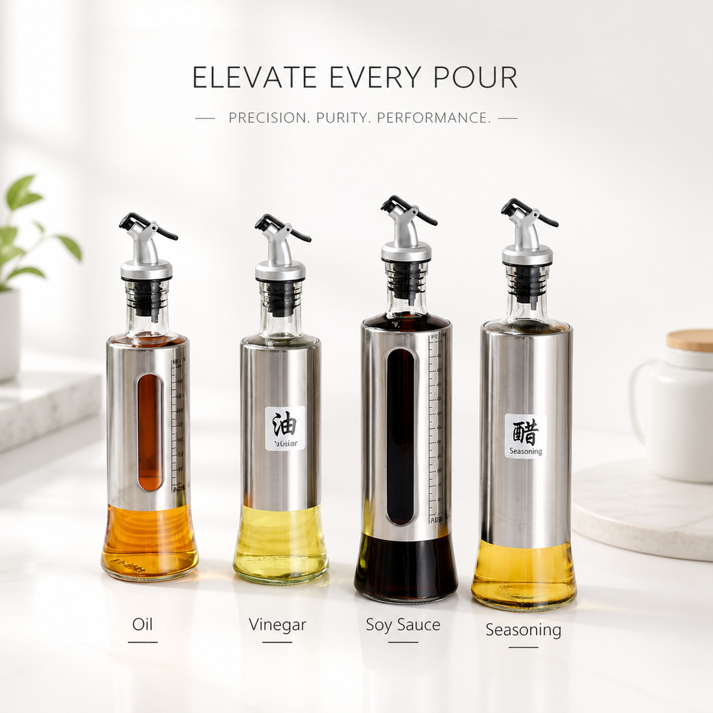 300ml Glass Oil Dispenser Bottle with Stainless Steel Sleeve, Precision Pour Spout for Olive Oil, Vinegar & Soy Sauce