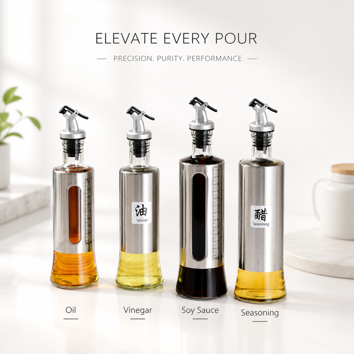 300ml Glass Oil Dispenser Bottle with Stainless Steel Sleeve, Precision Pour Spout for Olive Oil, Vinegar & Soy Sauce