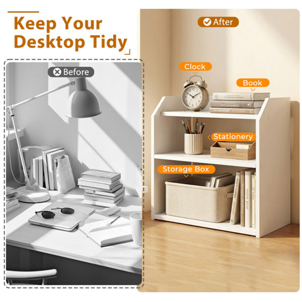 3 Tier Desktop Storage Shelf, White Wood Countertop Organizer Stepped Design, Kitchen Spice Rack Book Shelf Plant Stand for Office Home